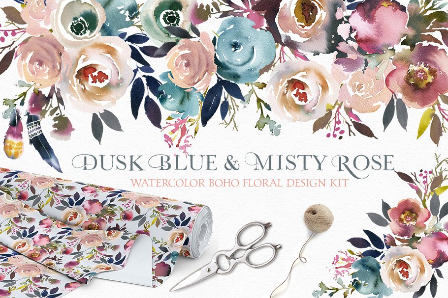 暗蓝色&薄雾玫瑰波希米亚式水彩花卉 Dusk Blue & Misty Rose Boho Flowers
