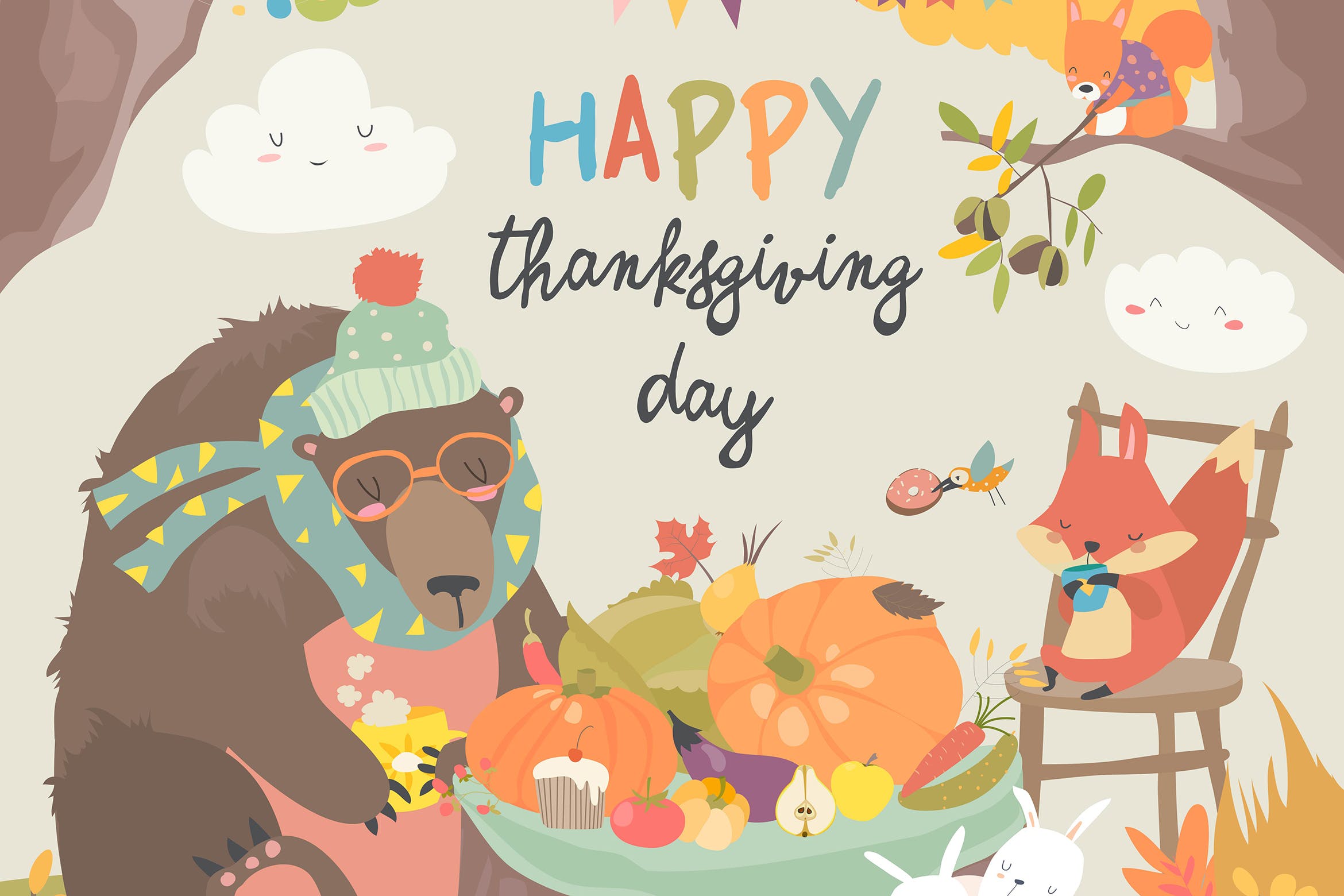 可爱动物感恩节矢量手绘图形素材 Cute animals celebrating Thanksgiving day. Vector