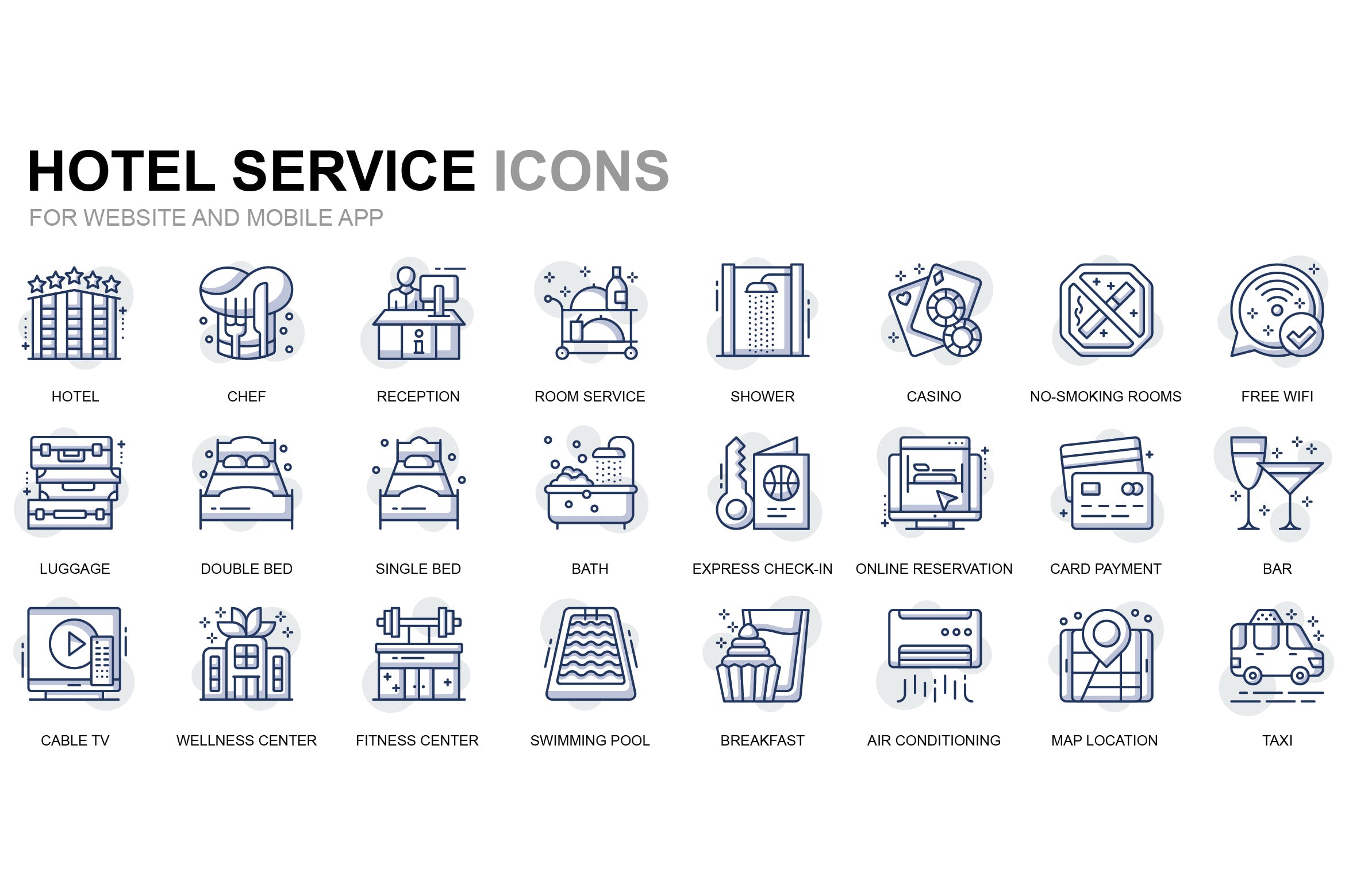 酒店服务主题线性图标素材 Hotel Services Thin Line Icons