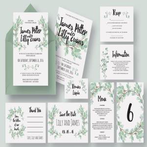 绿植装饰桉树婚礼邀请函模板 Eucalyptus Wedding Invitation Suite