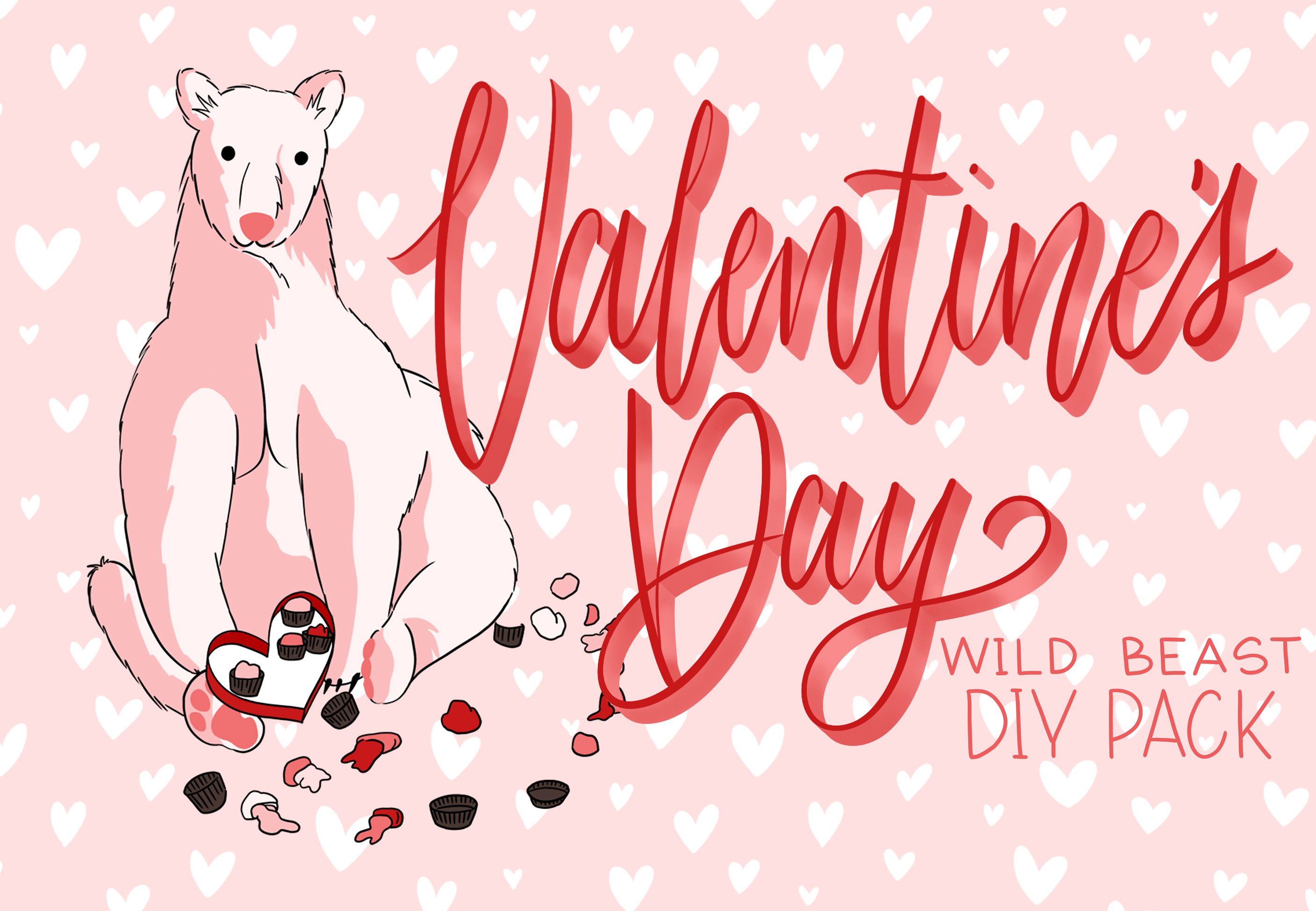 手绘风格的粉色野生动物情人节素材