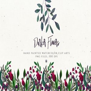 暗色手绘水彩花卉剪贴画PNG素材 Darker Flowers