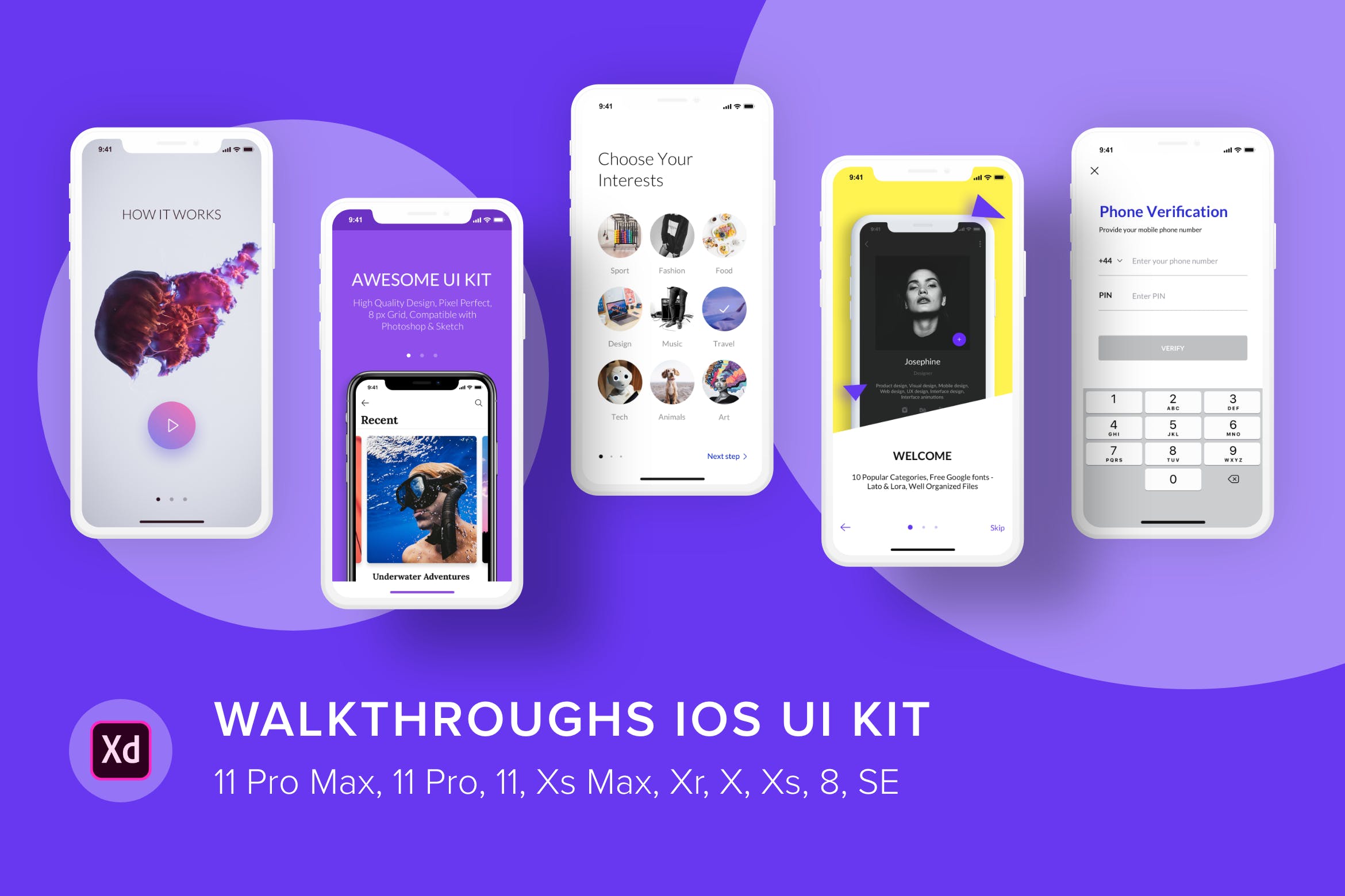 iOS平台APP应用功能引导页设计模板[for XD] Walkthroughs iOS UI Kit (Adobe XD)
