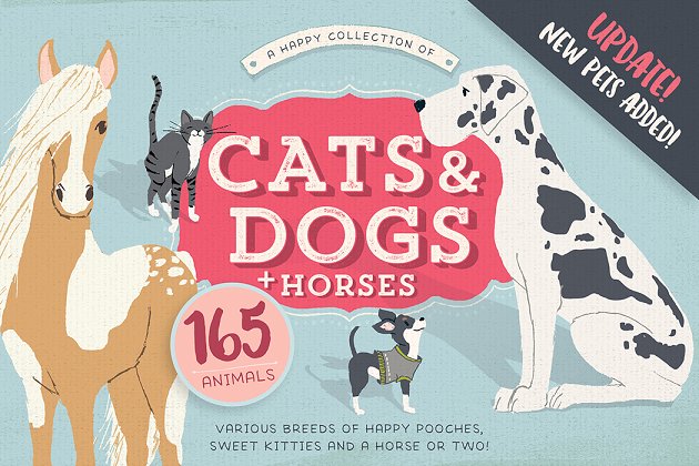 165种手绘动物素材 Cats, Dog breeds & Horses: 165 pets