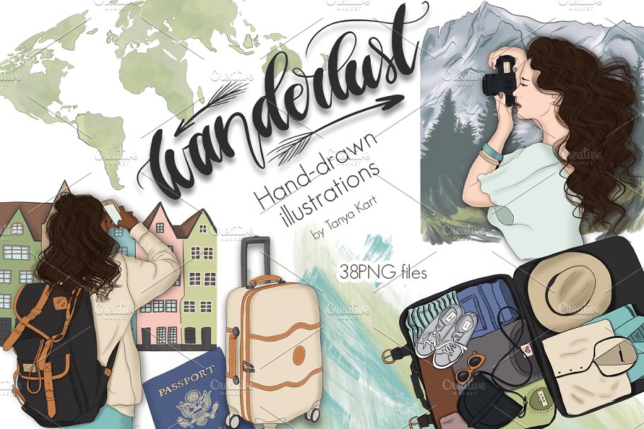 旅行主题手绘设计工具包 Wanderlust Hand Drawn Design Kit