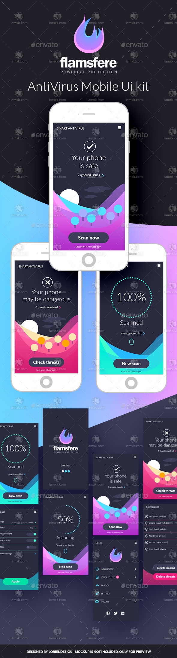 鲜有的移动安全应用 UI 套件 Flamsfere – Mobile Antivirus App Ui kit
