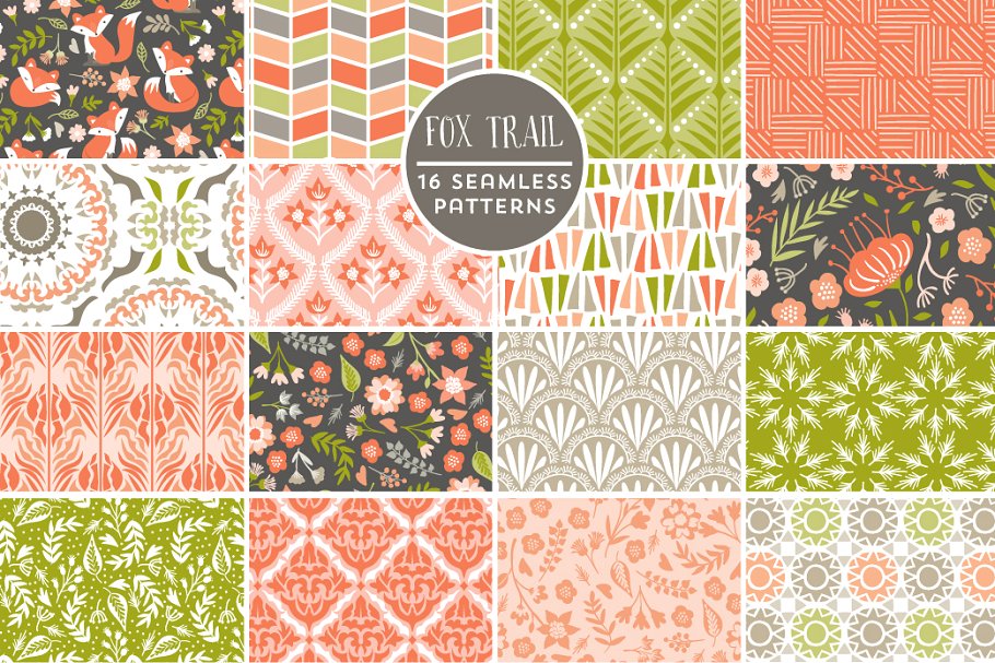 可爱狐狸花卉几何背景 Cute Fox Trail Woodland Patterns