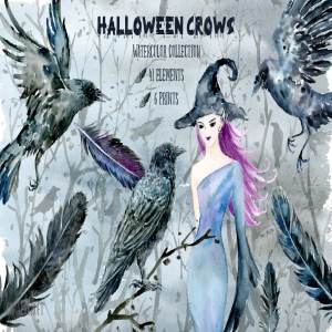 万圣节乌鸦和女巫水彩插画 Watecolor Halloween Crows & Witch
