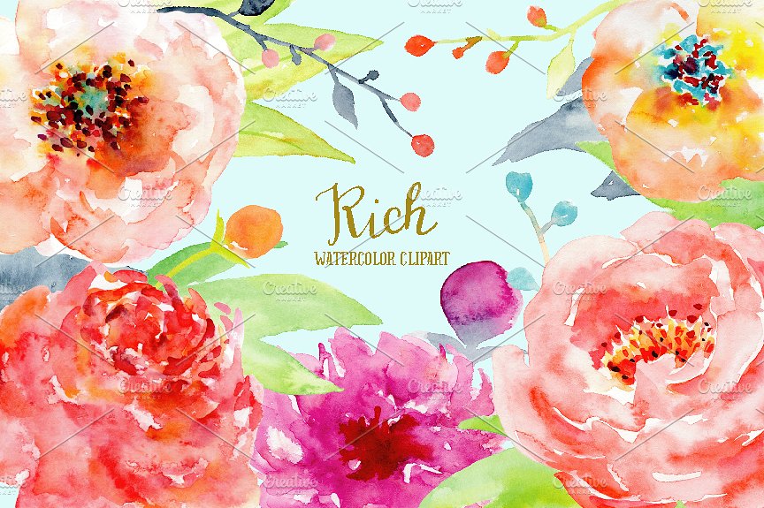 抽象彩色牡丹装饰元素水彩素材 Watercolor Peony Clipart Rich