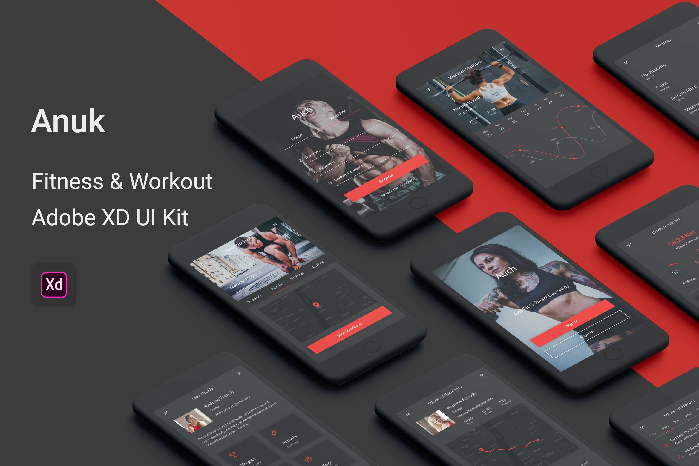 健身运动主题APP应用UI设计套件for Adobe XD Anuk – Fitness & Workout Adobe XD UI Kit