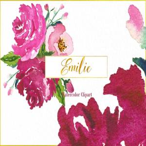 浪漫水彩紫红玫瑰花剪贴画 Emilie. Fuchsia roses watercolor