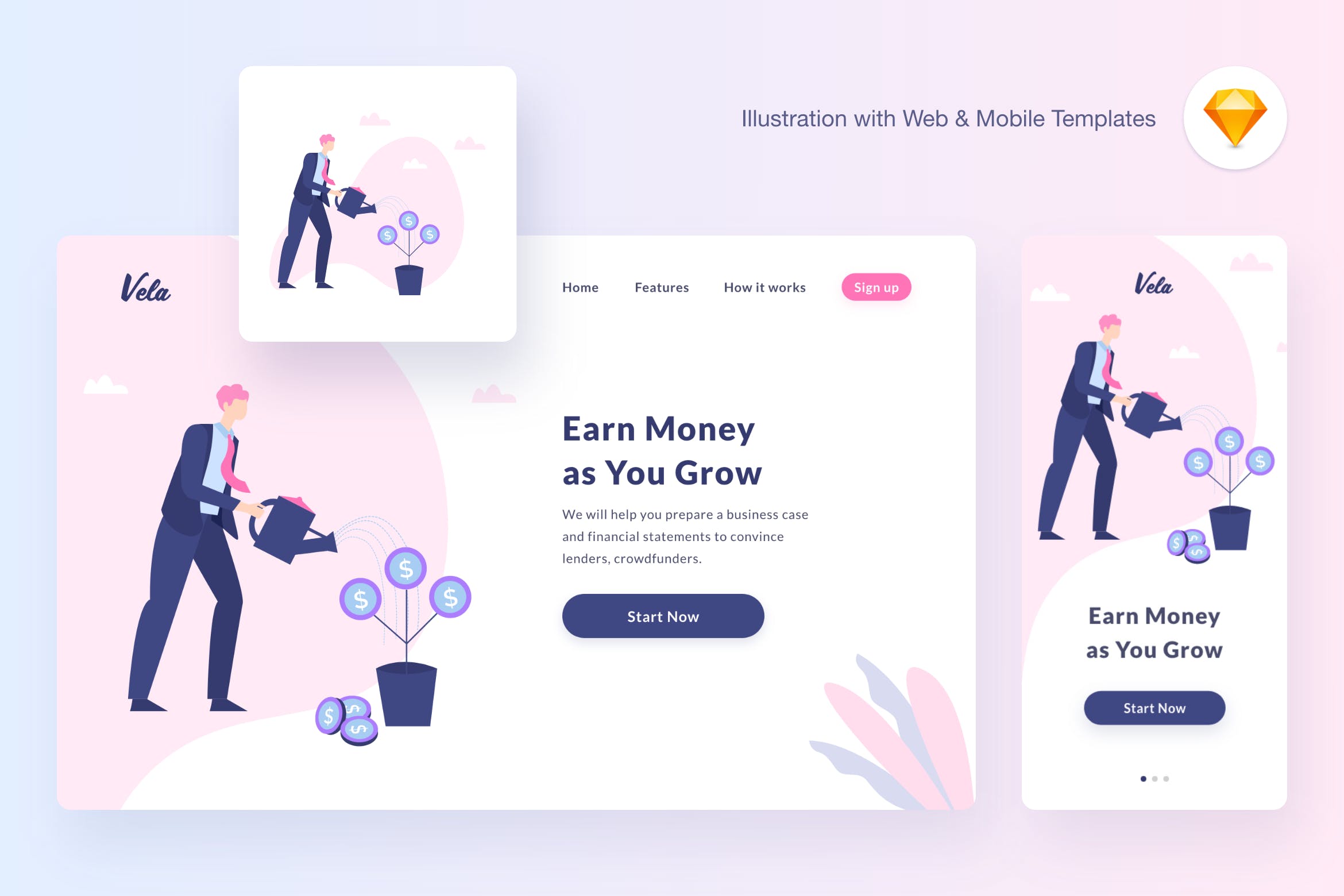 佣金计划矢量概念插画素材[SKETCH&SVG] Vela growing illustration (Sketch, SVG)