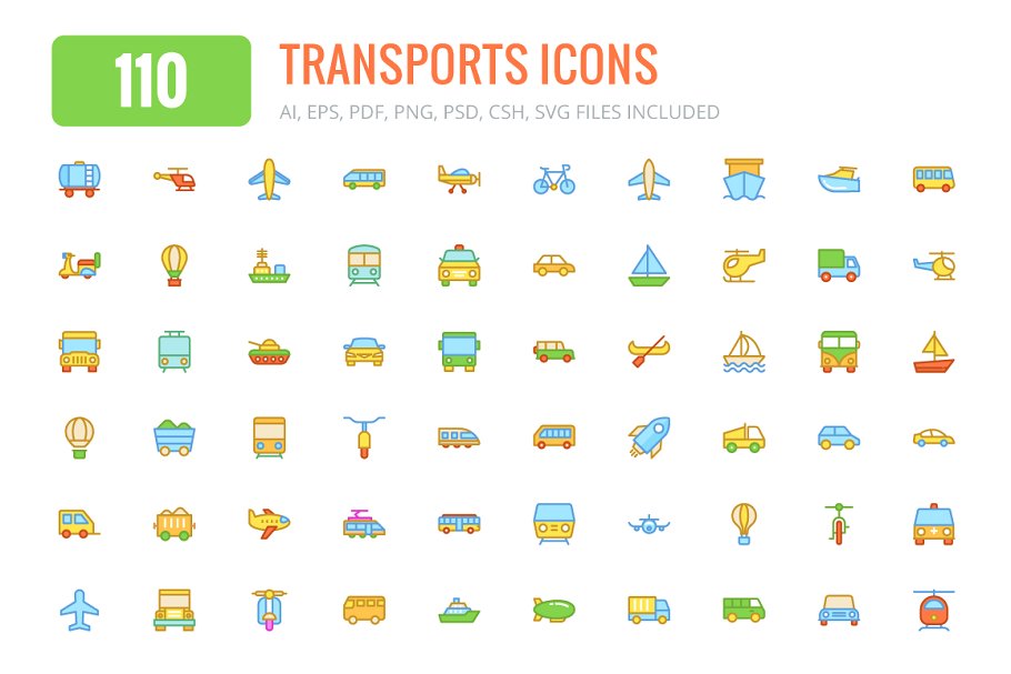 110个交通运输彩色图标和线条图标  110 Transports Colored & Line Icons
