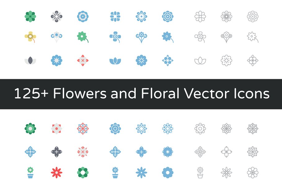 125+彩色几何矢量花卉小图标 125+ Flowers and Floral Vector Icons