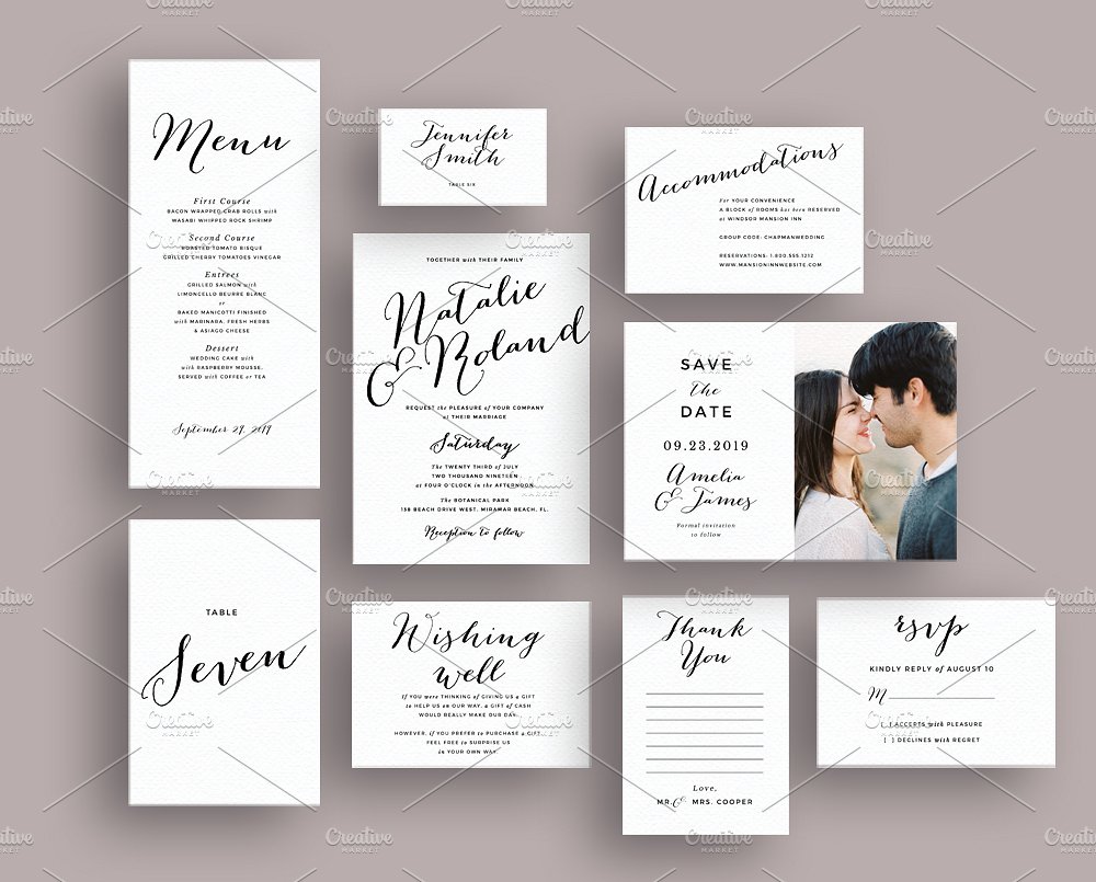 简约文字排版婚礼邀请函设计模板 Typography script wedding invite set