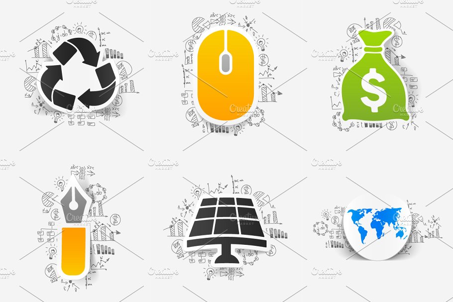 12款创意商业信息贴纸插画 12 PAPER STICKERS-business formulas