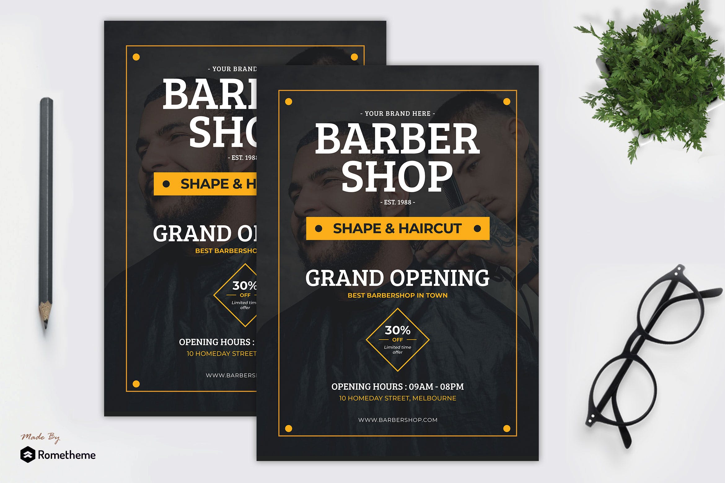 理发店开业活动广告海报传单设计模板 Barbershop – Grand Opening Flyer Template