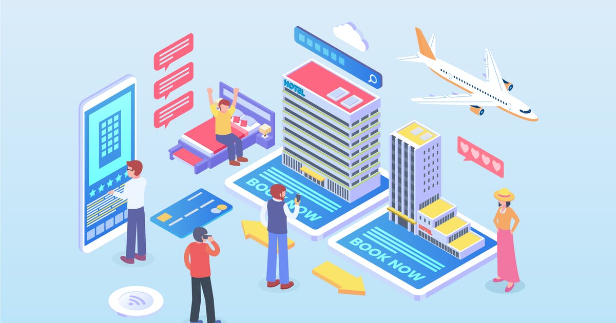 酒店预订服务等距2.5D概念插画 Isometric Hotel Booking Services Vector Concept