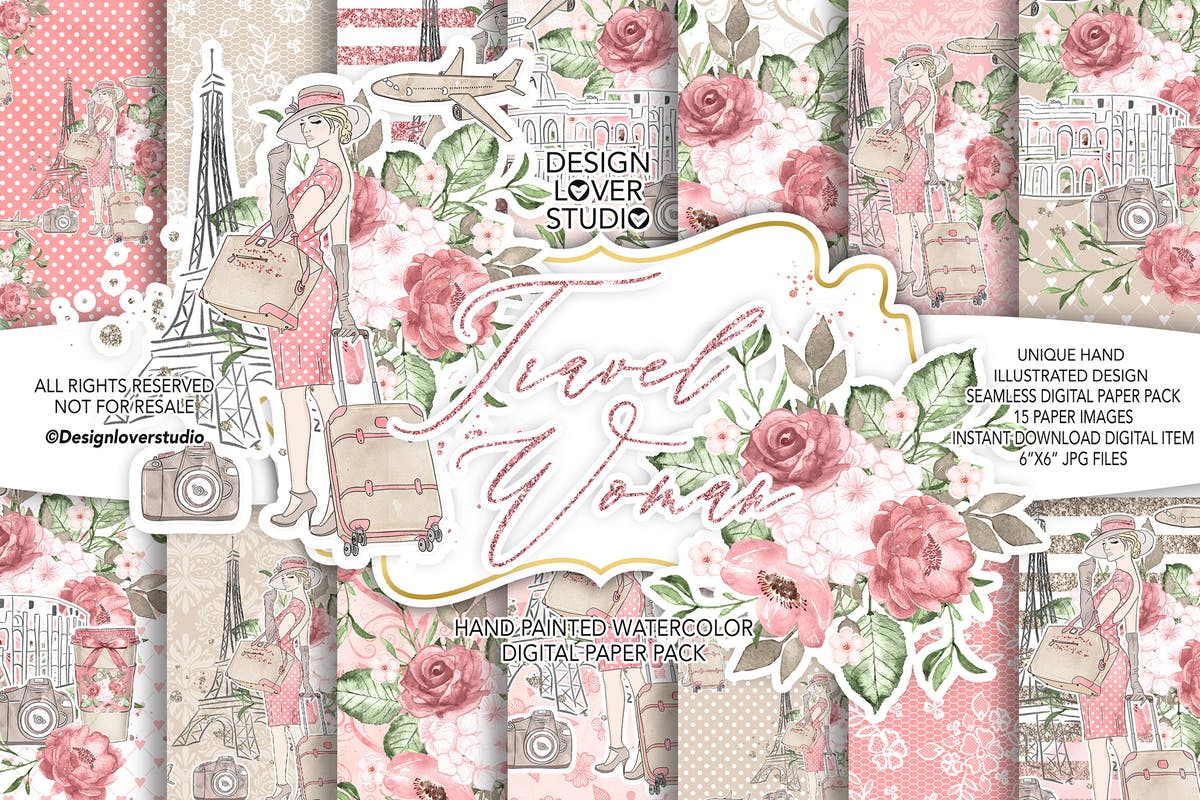 旅行花卉元素剪贴画素材合集 Travel woman digital paper pack