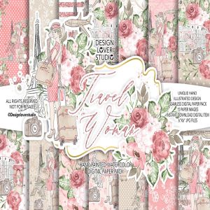 旅行花卉元素剪贴画素材合集 Travel woman digital paper pack