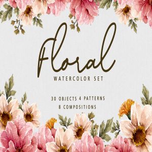 植物花卉水彩手绘图案纹样背景设计套装 Floral Botanical Watercolor Set