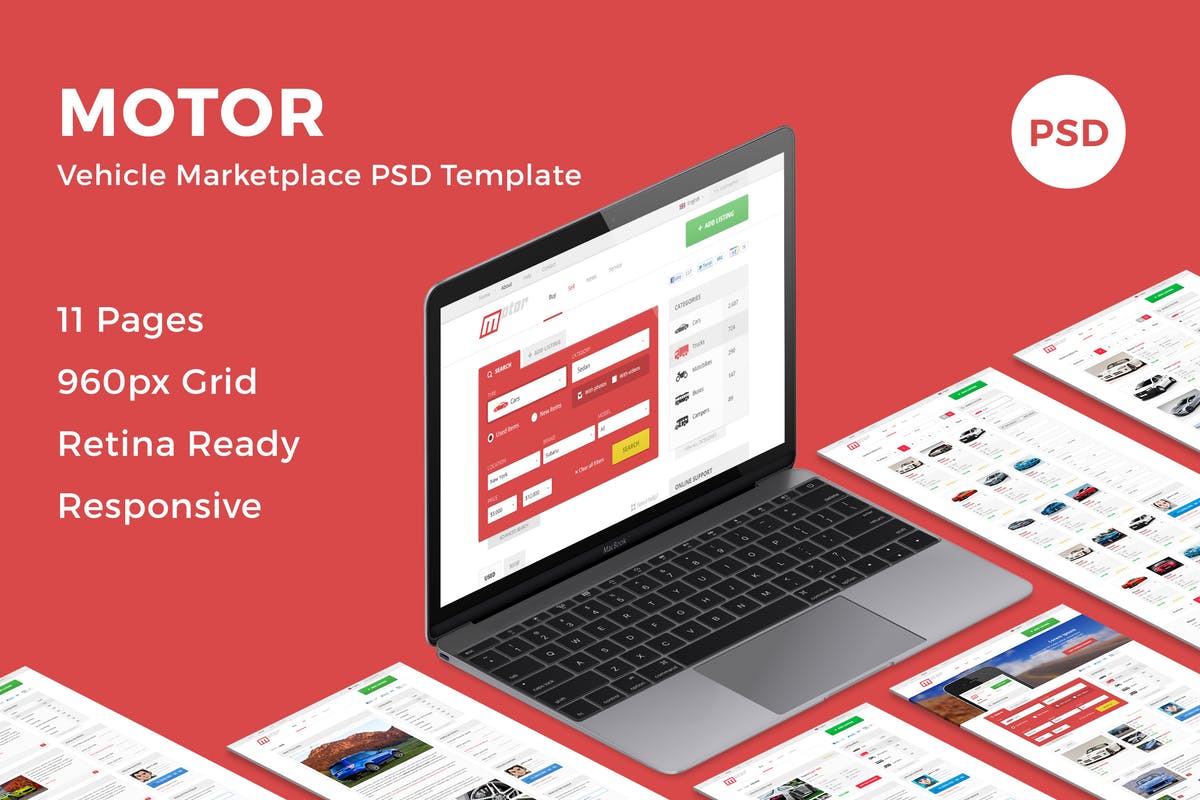 汽车在线交易市场网站设计PSD模板 Motor – Vehicle Marketplace PSD Template