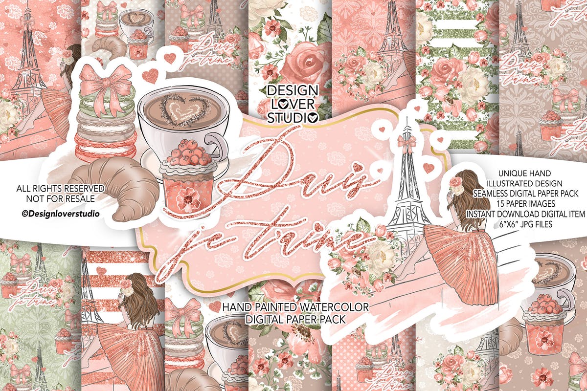 食物元素水彩花卉剪贴画设计套装 Paris je t’aime digital paper pack