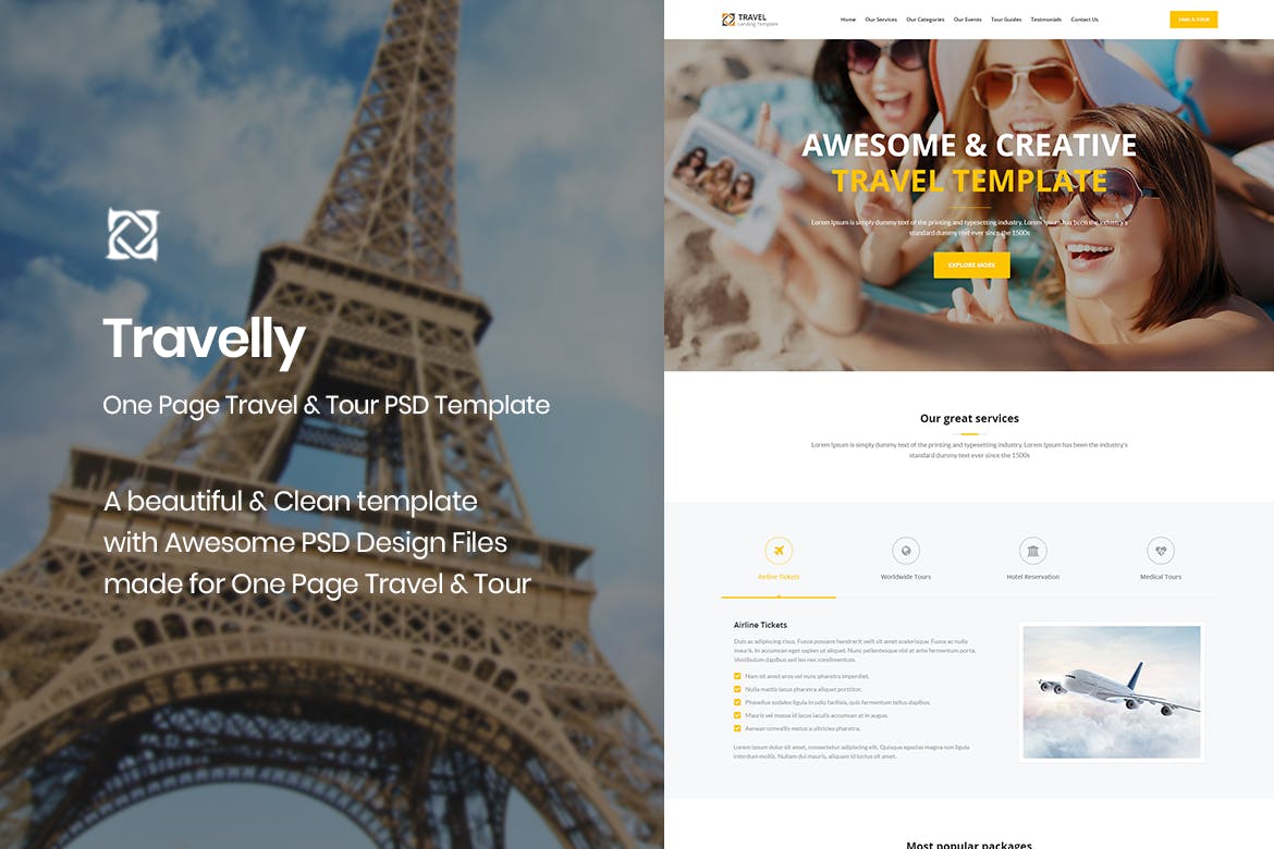旅行主题单页设计网站PSD模板 Travelly – One Page Travel & Tour PSD Template