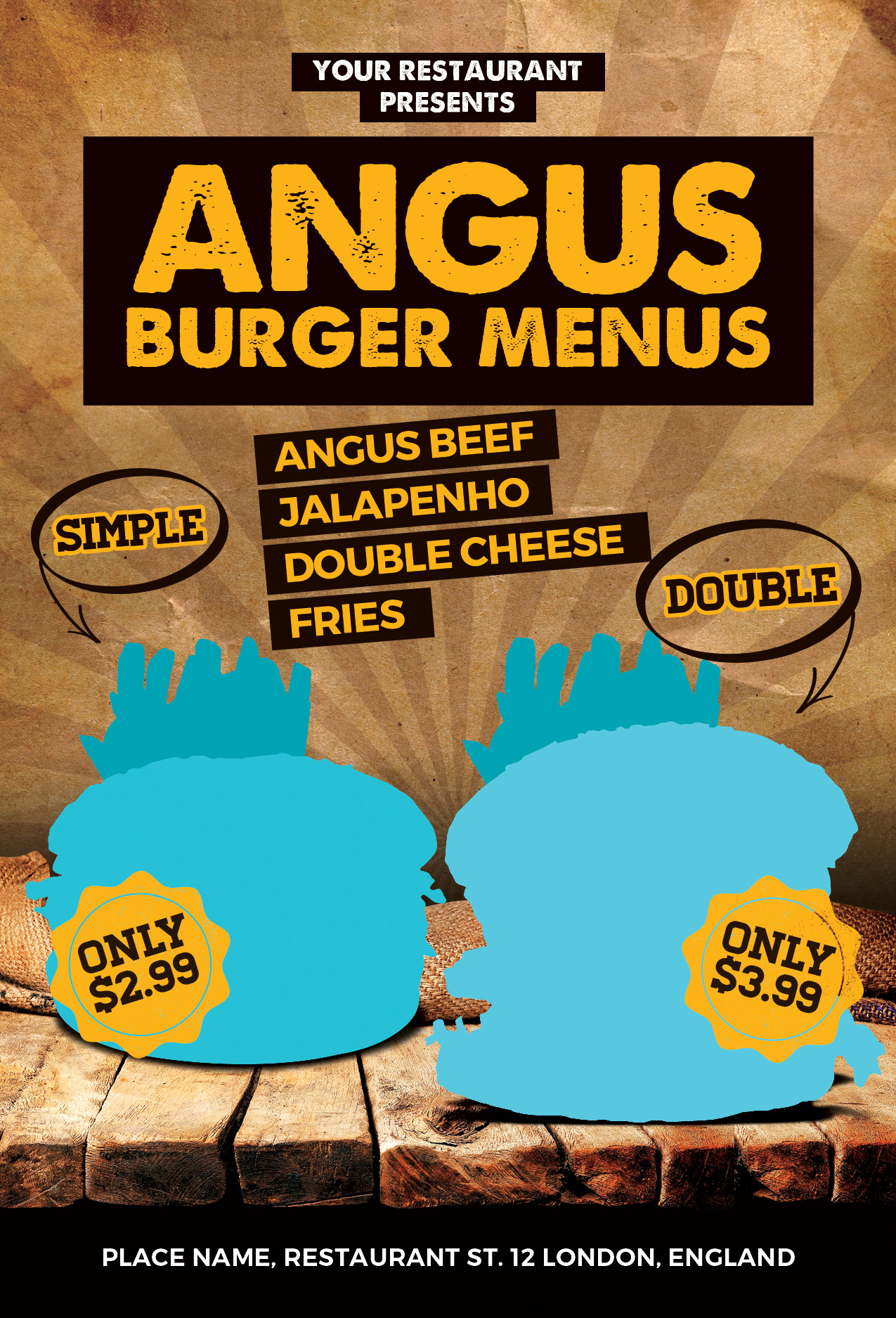 汉堡包或食品宣传单模板 Burgers Offer Food Menu Flyer