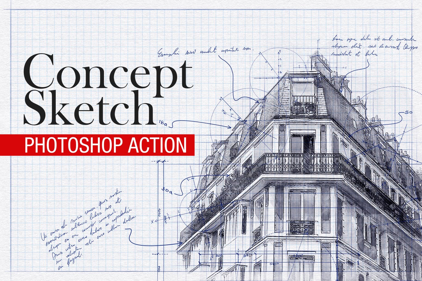 建筑工程设计素描效果图一键生成PS动作 Concept Sketch – Photoshop Action