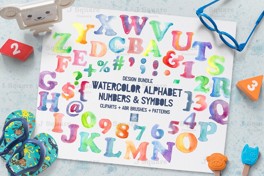水彩字母&数字剪贴画 Watercolor Alphabet & Number Bundle