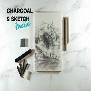 木炭笔&素描本艺术品展示样机 Charcoal & Sketch Mockup