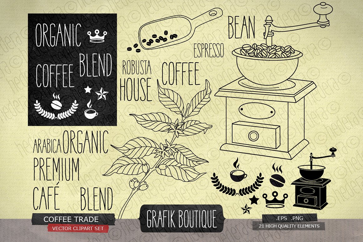 复古咖啡主题手绘插画素材 Coffee trade, vintage grinder, crown