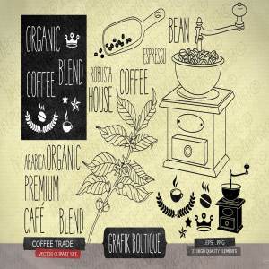 复古咖啡主题手绘插画素材 Coffee trade, vintage grinder, crown