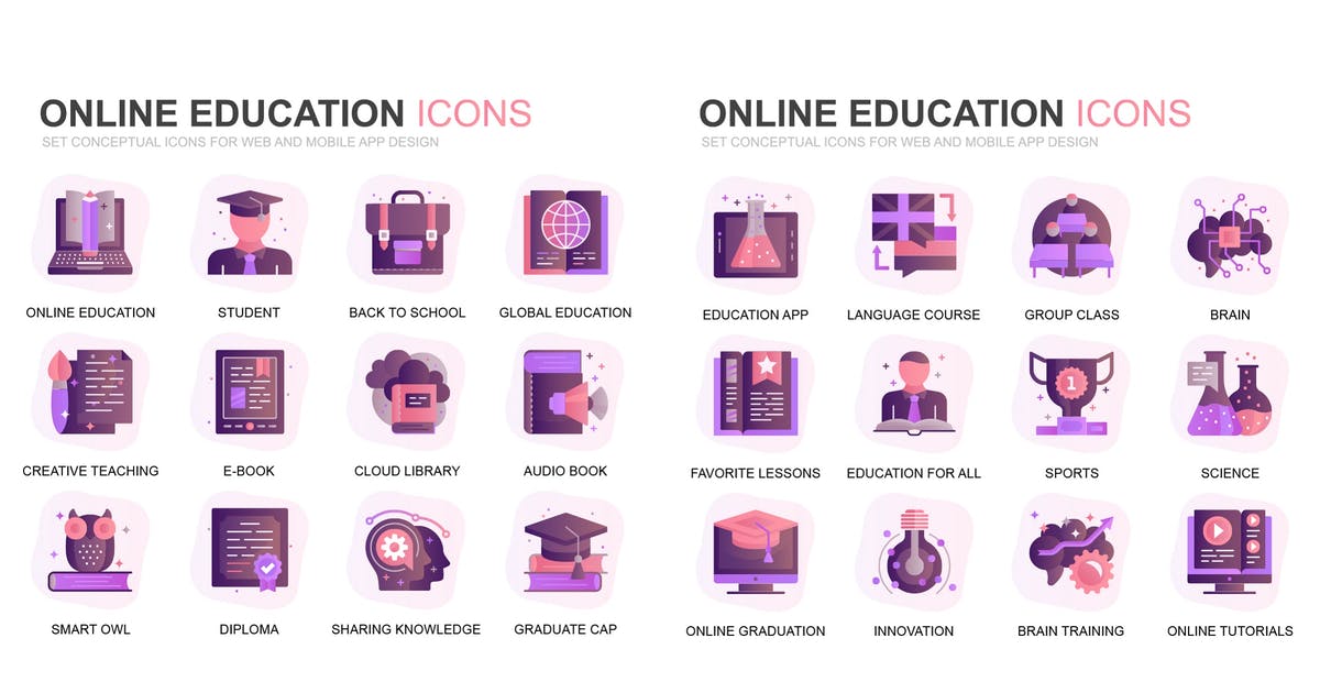 现代扁平化渐变设计风格在线教育&网上培训主题图标素材