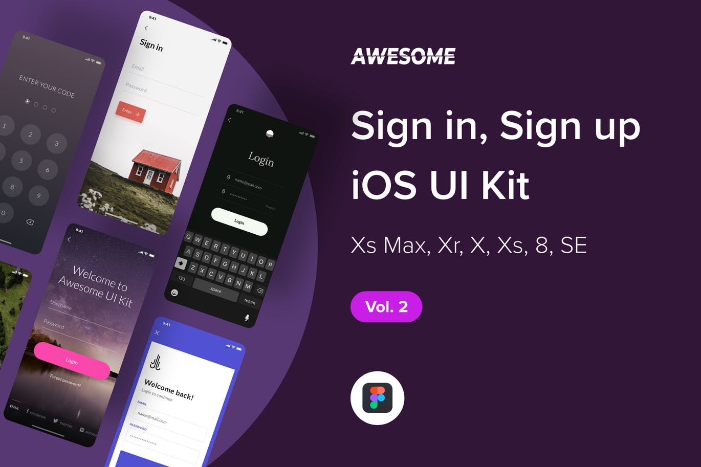 iOS手机应用注册登录界面设计UI套件v2 Awesome iOS UI Kit – Sign in / up Vol. 2 (Figma)