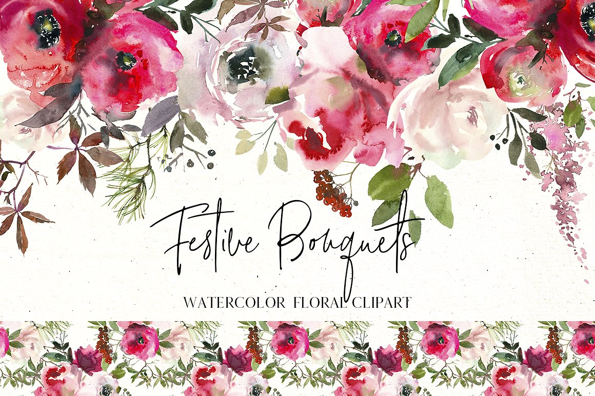 节日水彩花卉花束插画 Festive Bouquets Watercolor Flowers