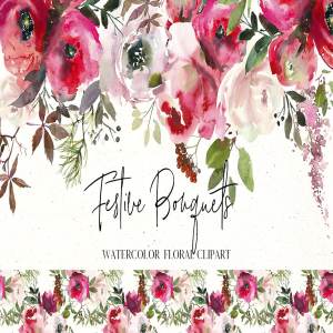 节日水彩花卉花束插画 Festive Bouquets Watercolor Flowers