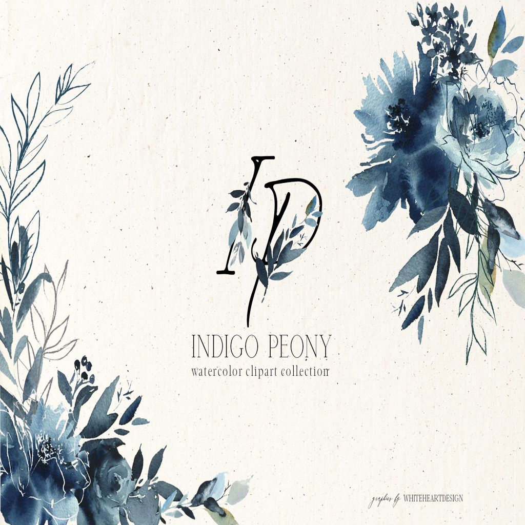 靛蓝牡丹花水彩花卉剪贴画indigo Peony Watercolor Floral Set 一流设计网