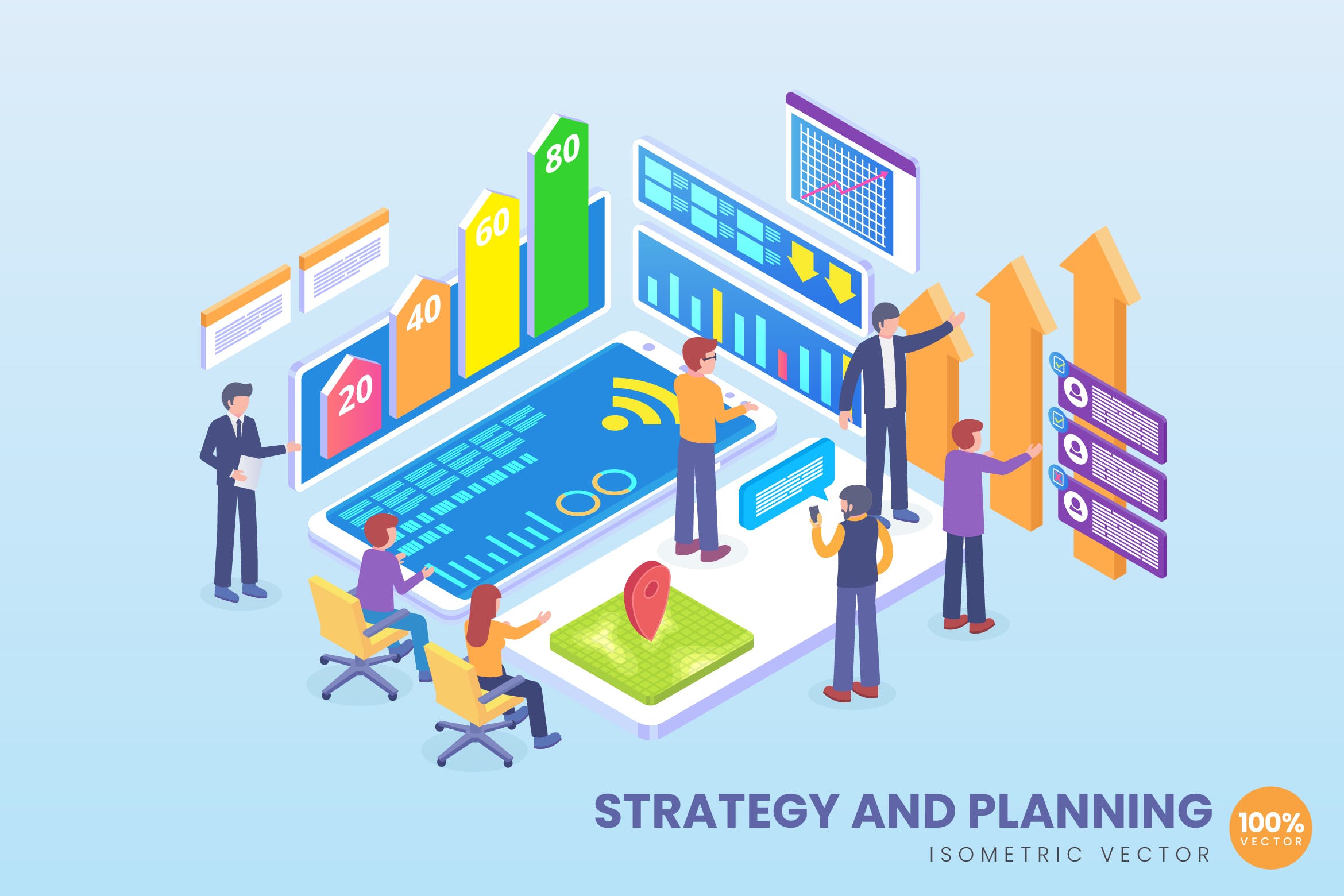 商业战略与规划场景2.5D矢量等距概念插画 Isometric Strategy & Planning Vector Concept