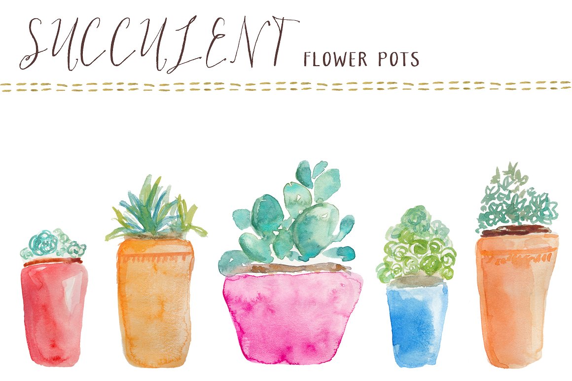 水彩多肉盆栽植物插画素材 Watercolor Succulents Flower Pots
