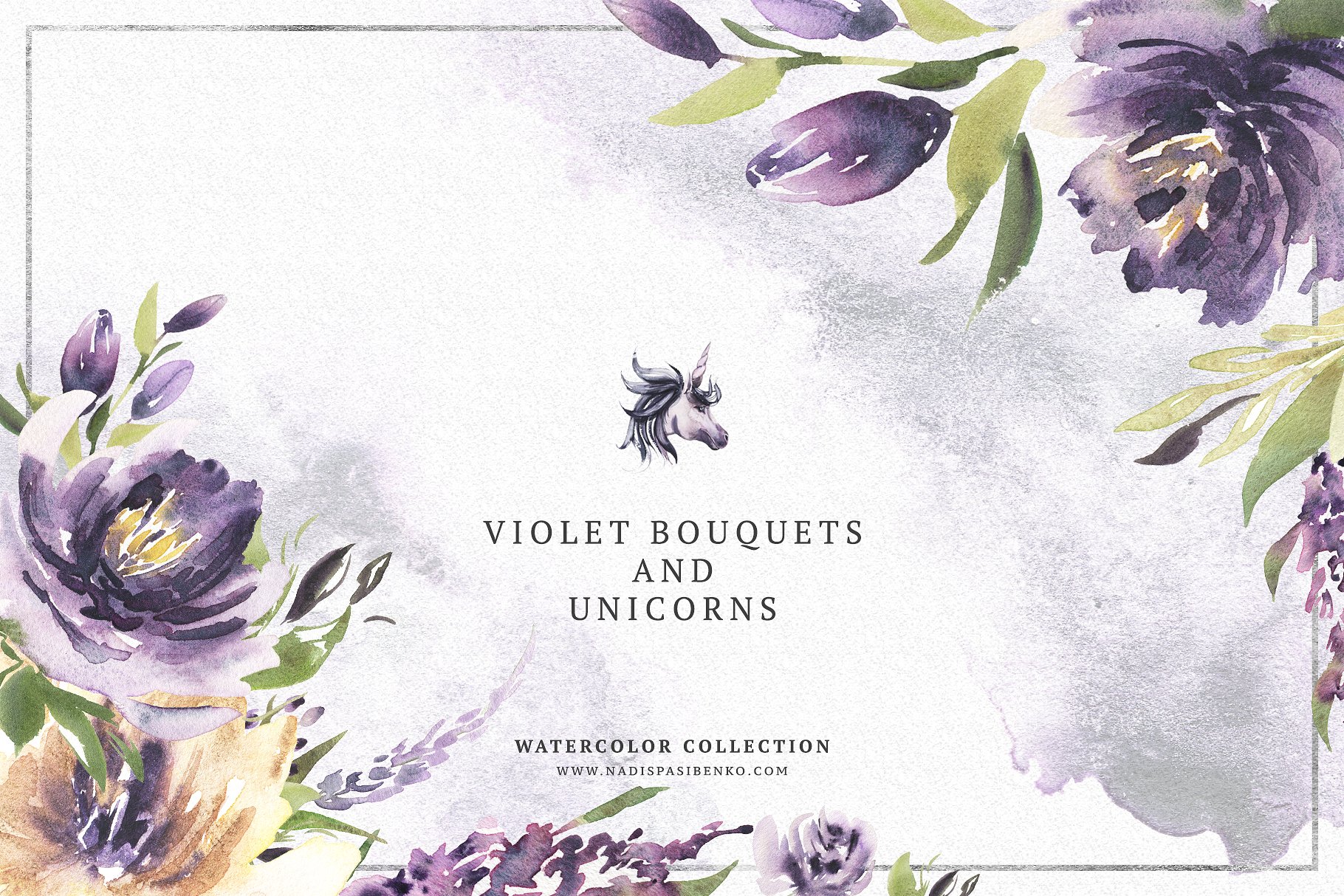 紫罗兰花束与独角兽水彩剪贴画 Violet Bouquets & Unicorns