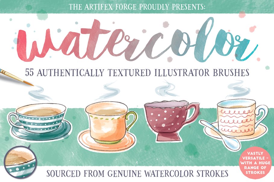 55种水彩画笔画AI笔刷 Watercolor Brushes
