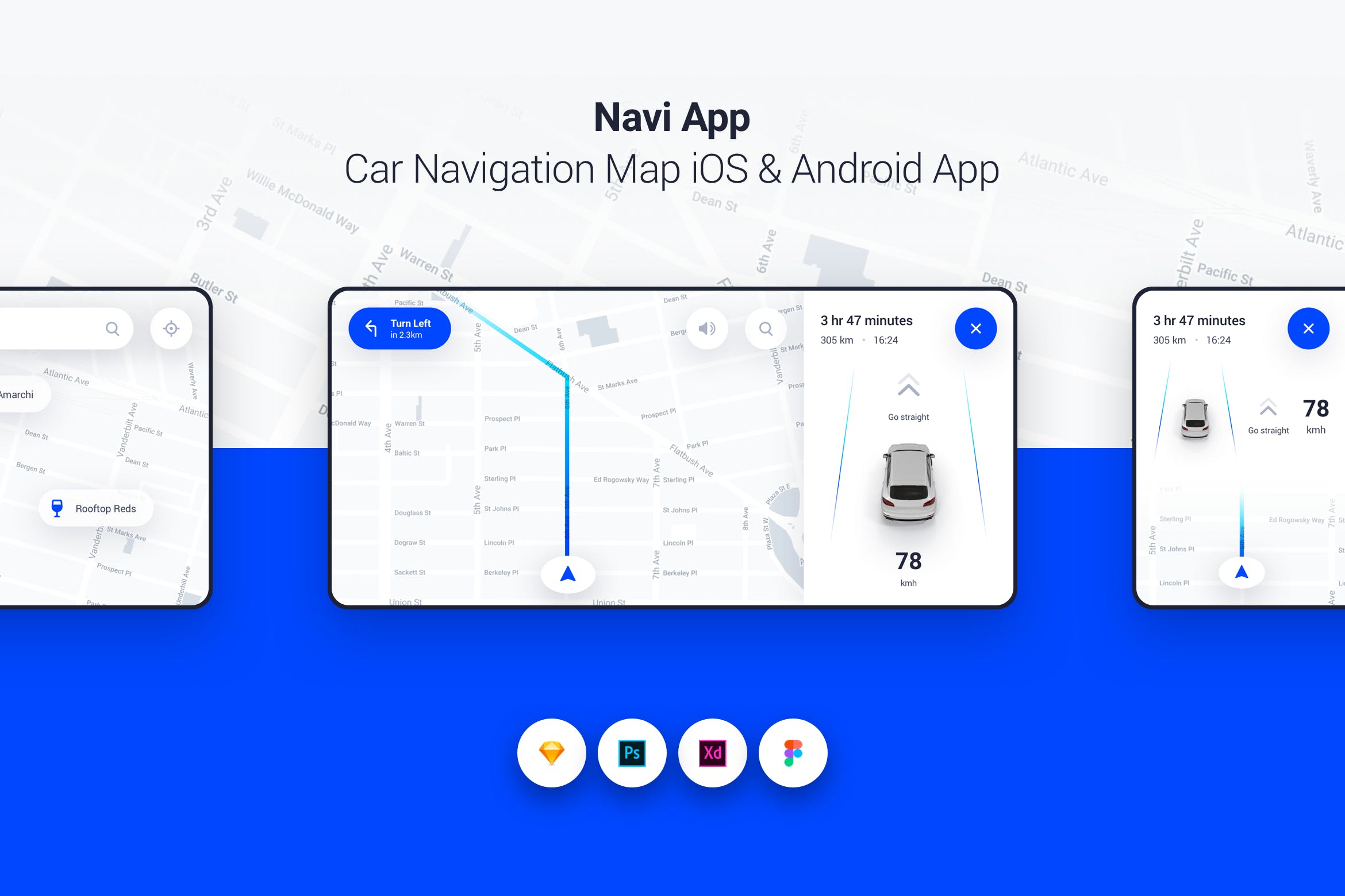 车载导航系统APP应用界面设计UI套件[PSD, SKETCH, XD] Navi App – Car Navigation Map iOS & Android App