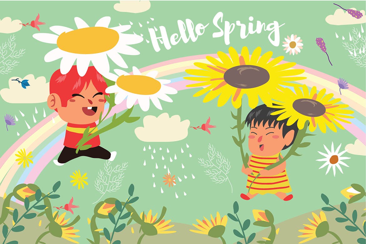 春天儿童乐园主题矢量插画素材 Hello Spring – Vector Illustration
