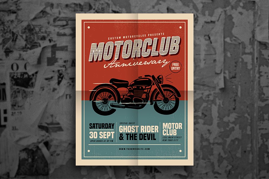 复古机车俱乐部活动海报传单模板 Retro Motorclub Event Flyer