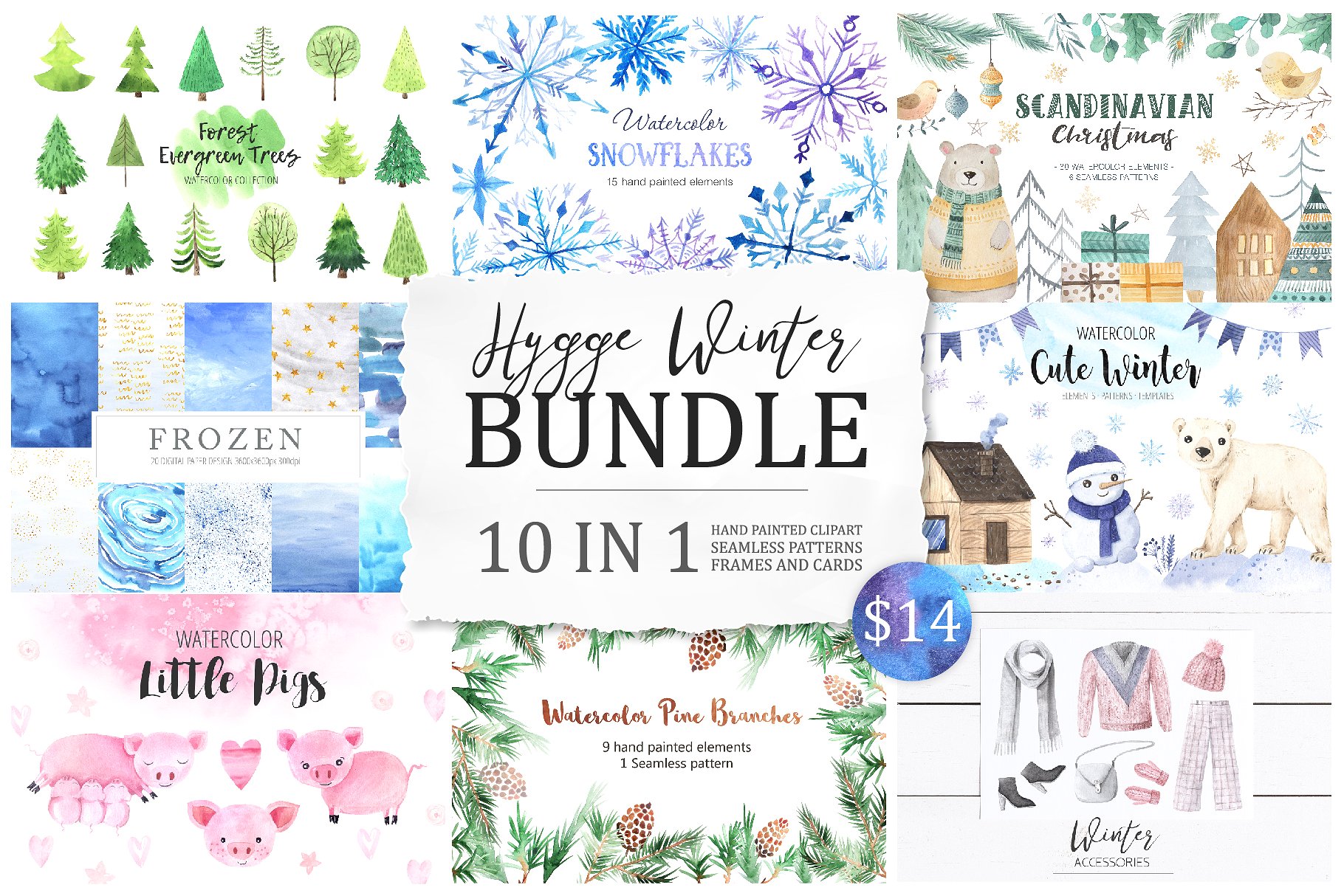 手绘可爱的冬季水彩素材合辑下载 BUNDLE Winter Hygge Watercolor Kit [png,jpg] 1.30 GB