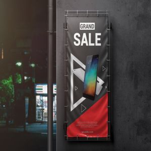 垂直户外广告横幅设计图样机模板 Vertical Outdoor Advertising Banner Mockup