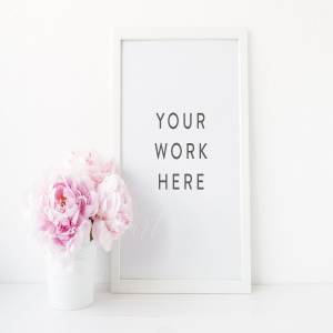 牡丹花陪衬白色相框画框样机 Peonies styled frame mock up