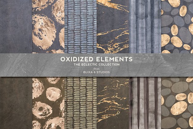 玫瑰金大理石，卵石和手绘水彩画笔触图案纹理 Oxidized Elements Gold & Watercolor